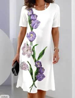 Best Women's Elegant Midi Dress T Shirt Dress Tee Dress Shift Dress Party Evening Casual Formal Daily Regular Fit Floral Graphic Abstract Short Sleeve Crew Neck Black White Light Purple Spring Women T Shirt Dresses