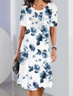 New Women's Elegant Party Evening Midi Dress Crew Neck Short Sleeve Casual Dress Shift Dress Summer Dress Stylish Formal Work Casual Regular Fit Floral Black And White Red Blue Purple Women T Shirt Dresses