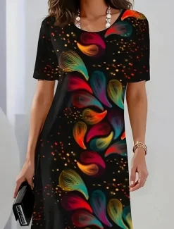 Sale Women's Elegant Party Evening Midi Dress Crew Neck Short Sleeve Shift Dress A Line Dress Casual Boho Daily Regular Fit Ombre Floral Graphic Summer Spring Fall Women Work Dresses