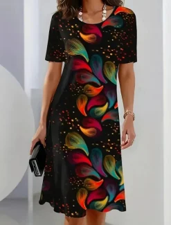 Sale Women's Elegant Party Evening Midi Dress Crew Neck Short Sleeve Shift Dress A Line Dress Casual Boho Daily Regular Fit Ombre Floral Graphic Summer Spring Fall Women Work Dresses