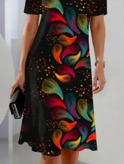 Sale Women's Elegant Party Evening Midi Dress Crew Neck Short Sleeve Shift Dress A Line Dress Casual Boho Daily Regular Fit Ombre Floral Graphic Summer Spring Fall Women Work Dresses