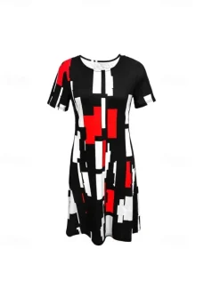 New Women's Elegant Party Evening Midi Dress Crew Neck Short Sleeve Shift Dress A Line Dress Casual Boho Daily Regular Fit Graphic Geometric Plaid Summer Spring Fall Women Work Dresses