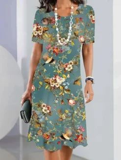 Sale Women's Elegant Party Evening Midi Dress Crew Neck Short Sleeve Shift Dress A Line Dress Summer Dress Daily Loose Fit Floral Green Beige Summer Women T Shirt Dresses