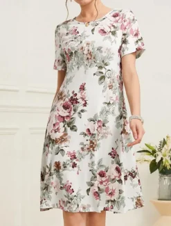 Sale Women's Elegant Party Evening Midi Dress Crew Neck Short Sleeve Shift Dress A Line Dress Summer Dress Daily Loose Fit Floral Green Beige Summer Women T Shirt Dresses