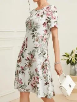 Sale Women's Elegant Party Evening Midi Dress Crew Neck Short Sleeve Shift Dress A Line Dress Summer Dress Daily Loose Fit Floral Green Beige Summer Women T Shirt Dresses