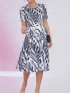 Sale Women's Elegant Party Evening Midi Dress Crew Neck Short Sleeve Casual Dress Shift Dress Summer Dress Vintage Work Casual Loose Fit Geometric Summer Women T Shirt Dresses