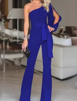 Sale Women's Elegant Party Wedding One Shoulder White Black Pink Jumpsuit Solid Color Drawstring High Waist Women Jumpsuits Clearance