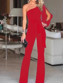 Sale Women's Elegant Party Wedding One Shoulder White Black Pink Jumpsuit Solid Color Drawstring High Waist Women Jumpsuits Clearance