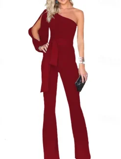 Sale Women's Elegant Party Wedding One Shoulder White Black Pink Jumpsuit Solid Color Drawstring High Waist Women Jumpsuits Clearance