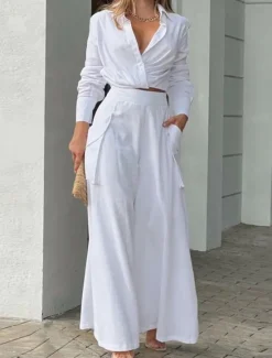Best Women's Elegant Stylish Shirt Cotton Linen Sets Two Piece Sets Wide Leg Pants Long Sleeve Shirt Collar Plain Office Work Black White Blue Summer Regular Fit Women Sets