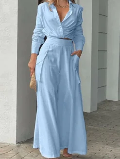 Best Women's Elegant Stylish Shirt Cotton Linen Sets Two Piece Sets Wide Leg Pants Long Sleeve Shirt Collar Plain Office Work Black White Blue Summer Regular Fit Women Sets
