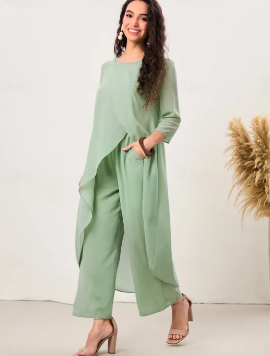 Clearance Women's Elegant Stylish Work Slim Solid Color Plain 3/4 Length Sleeve Crew Neck Summer Spring Fall Women Two Piece Sets