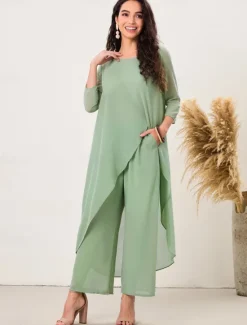 Clearance Women's Elegant Stylish Work Slim Solid Color Plain 3/4 Length Sleeve Crew Neck Summer Spring Fall Women Two Piece Sets