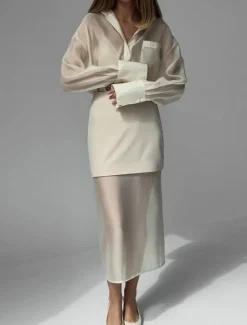Clearance Women's Elegant Vacation Daily Skirt Sets Long Sleeve Shirt Collar Solid Color Vacation Party Casual Summer Regular Fit Women Two Piece Sets