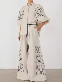 Women's Elegant Vacation Vintage Pants Sets Long Sleeve Lantern Sleeve Shirt Embroidered Collar Floral Vacation Casual Daily Spring Loose Fit Women Sets