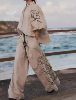 Women's Elegant Vacation Vintage Pants Sets Long Sleeve Lantern Sleeve Shirt Embroidered Collar Floral Vacation Casual Daily Spring Loose Fit Women Sets