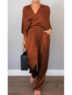 Hot Women's Elegant Vacation Vintage Two Piece Sets Short Sleeve 3/4 Length Sleeve V Neck Plain Wrap Vacation Party Office Black White Light Brown Summer Loose Fit Women Two Piece Sets