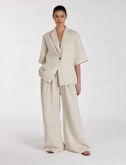Outlet Women's Elegant Vintage Fashion Linen Sets Half Sleeve Notch lapel collar Vacation Office Work Summer Loose Fit Women Sets