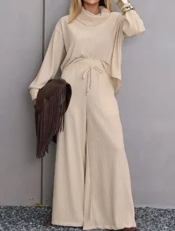 Online Women's Elegant Vintage Fashion Pants Sets Bolero Top Long Sleeve Turtleneck Solid Color Casual Daily Date Rose Gold White Champagne Fall Loose Fit Women Two Piece Sets
