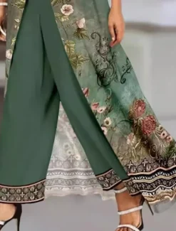 Discount Women's Embroidered Salwar Kameez Palazzo Set Cream Traditional Ethnic Wear Floral Embroidery Festive Wedding Party All Season Comfort Fit Women Spring Tops|Two Piece Sets