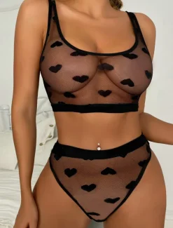 Women'S Erotic Underwear Fashion Sexy Mesh Perspective Love Pattern Women'S Underwear Set Home Outfits Women Lingerie
