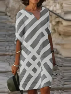 Hot Women's EU / US Size Midi Dress Jumper Dress Boho Dress Spring Dress Boho Wedding Guest Dress Elegant Bohemia Stylish Elbow Sleeve Vacation Work Daily Loose Fit Geometric Plaid 3/4 Length Sleeve V Women Floral Dresses