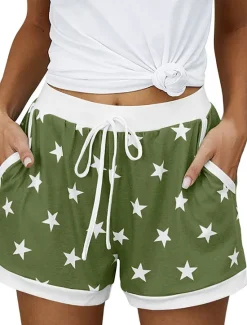 New Women's EU / US Size Pajamas Track Pants Baggy Shorts Athleisure Athletic Short Medium Waist Star Pocket Printing Basic Outdoor Comfortable Sports Micro-elastic Casual Sports claret Spring Grass Women Shorts
