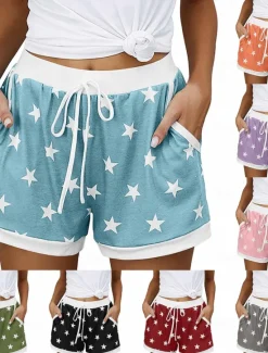 New Women's EU / US Size Pajamas Track Pants Baggy Shorts Athleisure Athletic Short Medium Waist Star Pocket Printing Basic Outdoor Comfortable Sports Micro-elastic Casual Sports claret Spring Grass Women Shorts