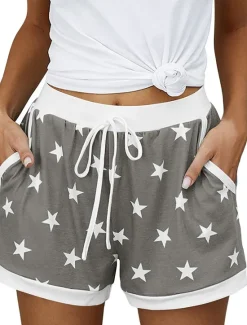 New Women's EU / US Size Pajamas Track Pants Baggy Shorts Athleisure Athletic Short Medium Waist Star Pocket Printing Basic Outdoor Comfortable Sports Micro-elastic Casual Sports claret Spring Grass Women Shorts