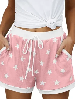 New Women's EU / US Size Pajamas Track Pants Baggy Shorts Athleisure Athletic Short Medium Waist Star Pocket Printing Basic Outdoor Comfortable Sports Micro-elastic Casual Sports claret Spring Grass Women Shorts