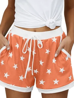 New Women's EU / US Size Pajamas Track Pants Baggy Shorts Athleisure Athletic Short Medium Waist Star Pocket Printing Basic Outdoor Comfortable Sports Micro-elastic Casual Sports claret Spring Grass Women Shorts