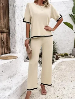 Sale Women's EU / US Size2 Pieces SetsDaily T Shirt Wide Leg Pants Short Sleeve Crew Neck Plain Casual Daily Summer Loose Fit Women Two Piece Sets
