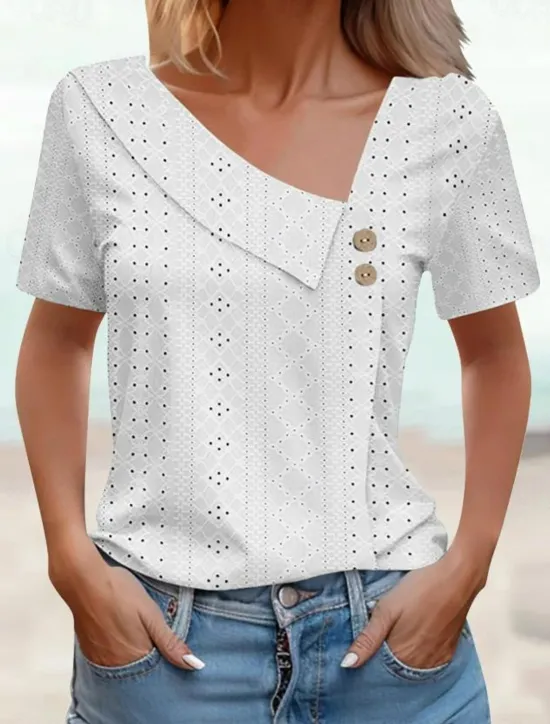 Best Women's Eyelet top Dressy Tops Elegant Stylish Solid Color Buttons Eyelet Short Sleeve Asymmetrical Daily Grass Green White Pink Army Green Blue Summer Women Lace Tops