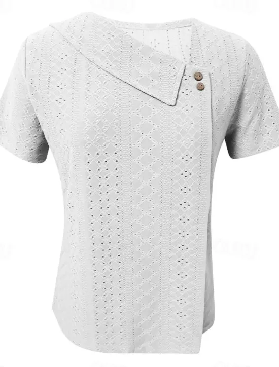 Best Women's Eyelet top Dressy Tops Elegant Stylish Solid Color Buttons Eyelet Short Sleeve Asymmetrical Daily Grass Green White Pink Army Green Blue Summer Women Lace Tops