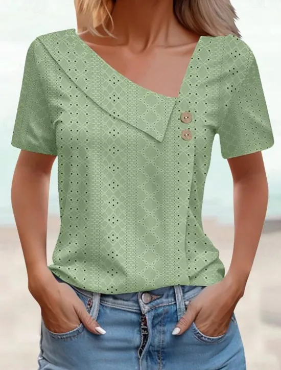 Best Women's Eyelet top Dressy Tops Elegant Stylish Solid Color Buttons Eyelet Short Sleeve Asymmetrical Daily Grass Green White Pink Army Green Blue Summer Women Lace Tops