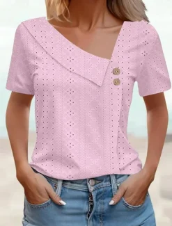 Best Women's Eyelet top Dressy Tops Elegant Stylish Solid Color Buttons Eyelet Short Sleeve Asymmetrical Daily Grass Green White Pink Army Green Blue Summer Women Lace Tops