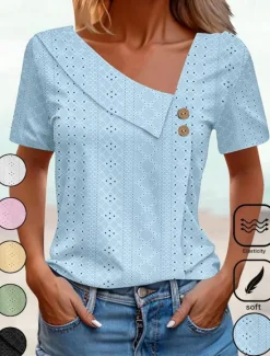 Best Women's Eyelet top Dressy Tops Elegant Stylish Solid Color Buttons Eyelet Short Sleeve Asymmetrical Daily Grass Green White Pink Army Green Blue Summer Women Lace Tops