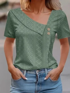 Best Women's Eyelet top Dressy Tops Elegant Stylish Solid Color Buttons Eyelet Short Sleeve Asymmetrical Daily Grass Green White Pink Army Green Blue Summer Women Lace Tops