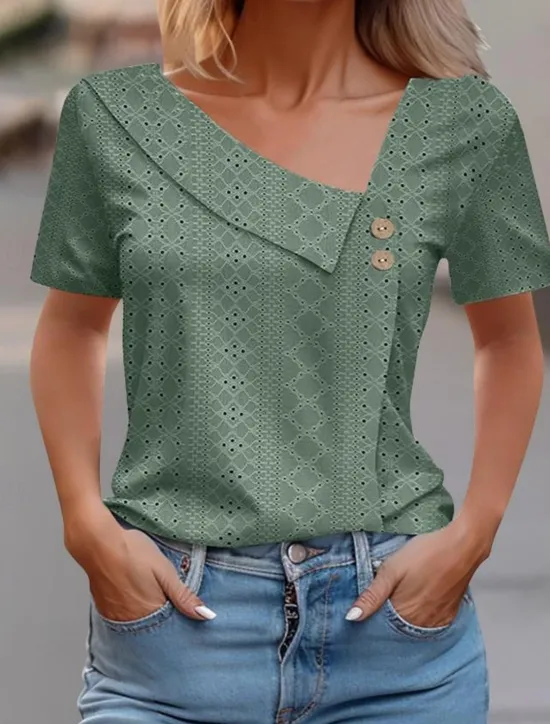 Best Women's Eyelet top Dressy Tops Elegant Stylish Solid Color Buttons Eyelet Short Sleeve Asymmetrical Daily Grass Green White Pink Army Green Blue Summer Women Lace Tops
