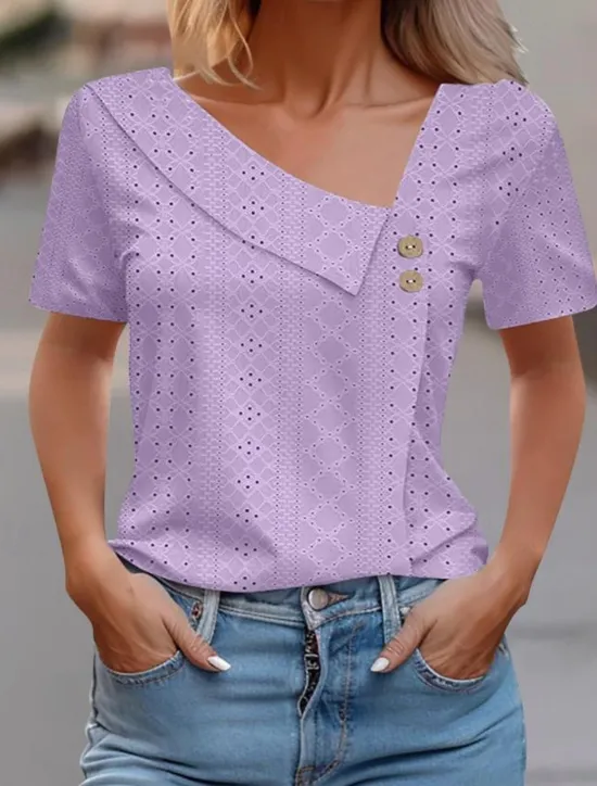 Best Women's Eyelet top Dressy Tops Elegant Stylish Solid Color Buttons Eyelet Short Sleeve Asymmetrical Daily Grass Green White Pink Army Green Blue Summer Women Lace Tops