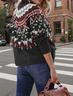 Best Women's Faire Isle Sweater Turtleneck Knit Knitted Fall Winter Weekend Vintage Fashion Streetwear Long Sleeve Geometric Black White Women Pullovers & Tops