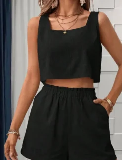 Clearance Women's Fashion Basic Blouse Shorts Sets Sleeveless Square Neck Solid Color Ruched Going out Casual Daily Black Orange Khaki Summer Regular Fit Women Two Piece Sets