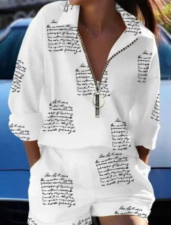 Clearance Women's Fashion Boho Shirt Shorts Sets Baggy Shorts Long Sleeve Shirt Collar Graphic Butterfly Zipper Print Casual Daily Black White Yellow Spring & Summer Regular Fit Women Boho Tops