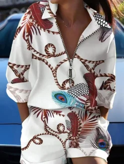 Clearance Women's Fashion Boho Shirt Shorts Sets Baggy Shorts Long Sleeve Shirt Collar Graphic Butterfly Zipper Print Casual Daily Black White Yellow Spring & Summer Regular Fit Women Boho Tops