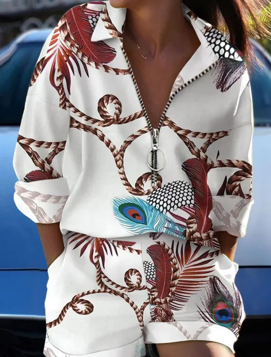 Clearance Women's Fashion Boho Shirt Shorts Sets Baggy Shorts Long Sleeve Shirt Collar Graphic Butterfly Zipper Print Casual Daily Black White Yellow Spring & Summer Regular Fit Women Boho Tops
