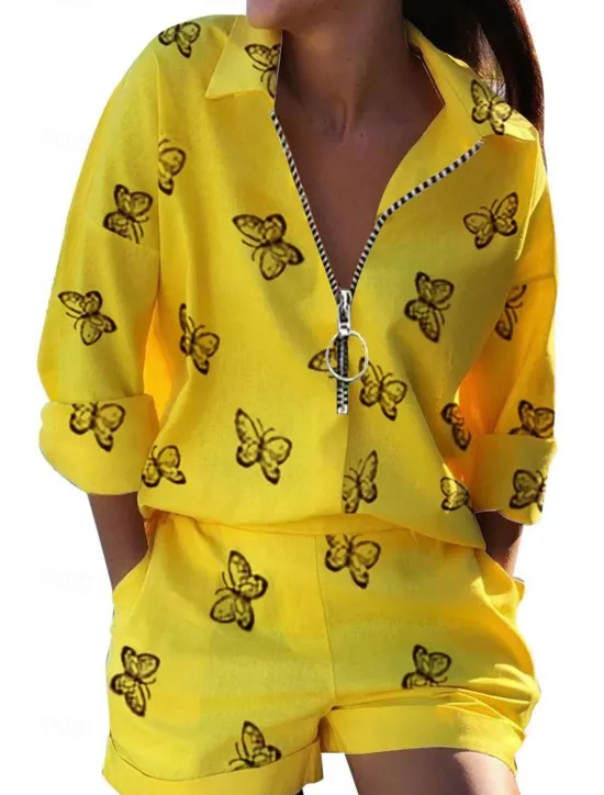 Clearance Women's Fashion Boho Shirt Shorts Sets Baggy Shorts Long Sleeve Shirt Collar Graphic Butterfly Zipper Print Casual Daily Black White Yellow Spring & Summer Regular Fit Women Boho Tops
