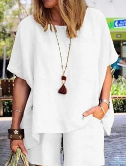 Clearance Women's Fashion Comfort Soft Linen-Inspired Sets Two Piece Sets Short Sleeve Short Pant Crew Neck Pure Color Pocket Elastic Waist Vacation Home Daily White Army Green Khaki Summer Women Sets