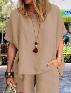 Clearance Women's Fashion Comfort Soft Linen-Inspired Sets Two Piece Sets Short Sleeve Short Pant Crew Neck Pure Color Pocket Elastic Waist Vacation Home Daily White Army Green Khaki Summer Women Sets