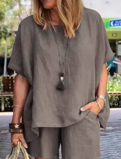 Clearance Women's Fashion Comfort Soft Linen-Inspired Sets Two Piece Sets Short Sleeve Short Pant Crew Neck Pure Color Pocket Elastic Waist Vacation Home Daily White Army Green Khaki Summer Women Sets