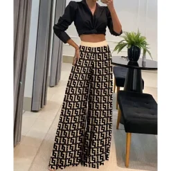 Hot Women's Fashion Crop Top Pants Sets Wide Leg Pants Trousers Long Sleeve Shirt Collar Graphic Print Casual Daily Black Yellow Khaki Spring & Fall Regular Fit Women Two Piece Sets